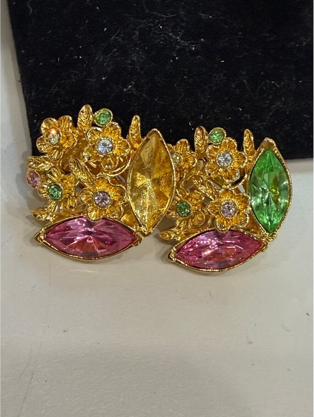 Vintage Deidre Hall Gold Tone Floral Clip-On Earrings with Colored Stones